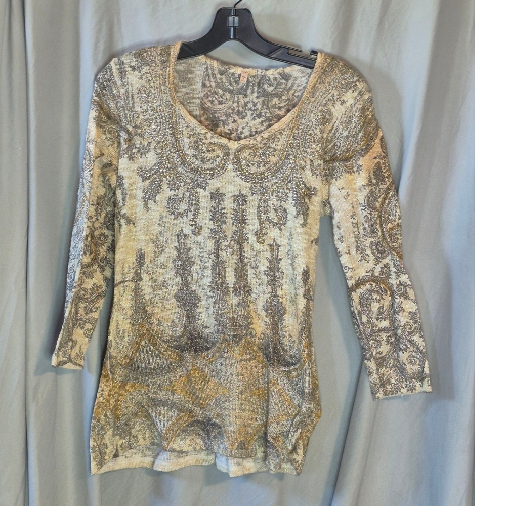 Reba Womens Metallic Paisley Knit Top Rhinestone Embellished 3/4 Sleeve Gold L